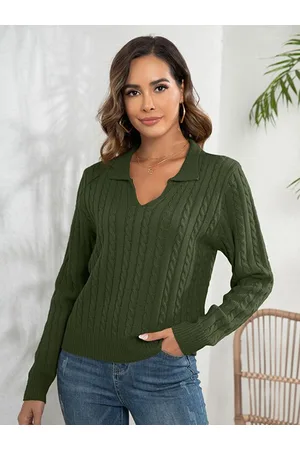 Stylecast Green Self Design Cable Knit Shirt Collar Acrylic Pullover Sweater