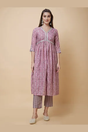 Globus Pink Ethnic Motifs Printed Sequinned High Slit A-Line Kurta With Trousers