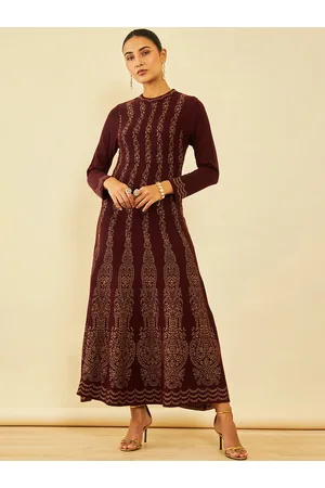 Soch Maroon Ethnic Motifs Woven Design Long Sleeve Acrylic A-Line Maxi Ethnic Dress