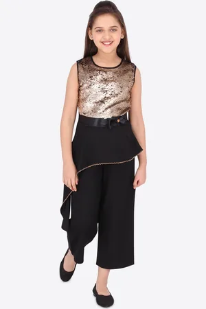 CUTECUMBER Girls Black & Gunmetal-Toned Solid Basic Jumpsuit