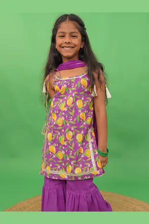 Tiber Taber Girls Purple Floral Printed Pure Cotton Kurti with Sharara & With Dupatta