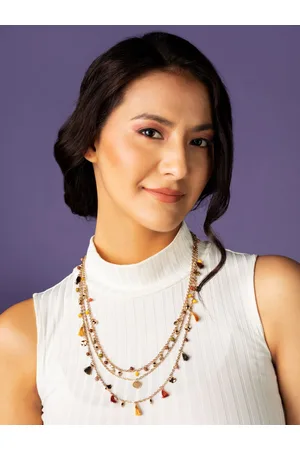 Priyaasi Beaded Charm Tasselled Link Gold-Plated Layered Necklace