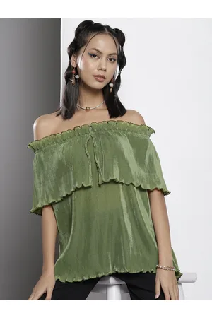 Sassafras Women Olive Green Striped Off-Shoulder Bardot Top