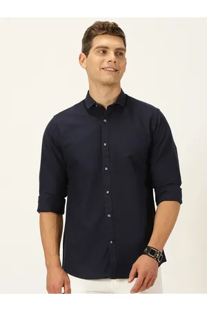 Mast & Harbour Navy Blue Classic Slim Fit Oxford Weave Pure Cotton Casual Shirt