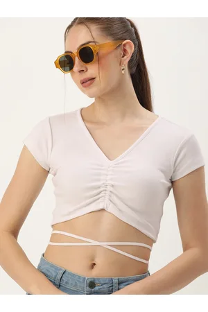 Kook N Keech V-Neck Solid Gathers Detail With Waist Tie-Up Ribbed Crop Top