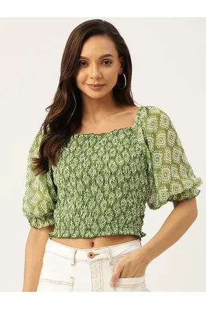 Antheaa Green & White Floral Print Smocked Chiffon Crop Top
