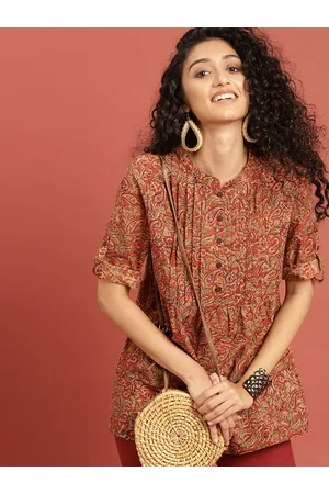 Taavi Women Rust Orange Kalamkari Hand Block Printed Pleated A-line Pure Cotton Top