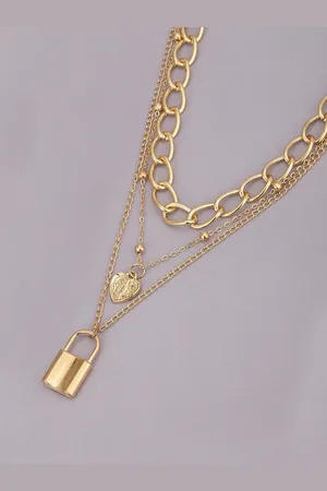 Carlton London Women Gold-Plated Triple Chain with Dangling Heart & Lock Necklace