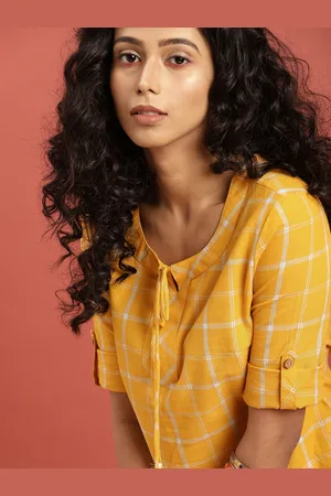 Taavi Women Mustard Yellow Checked South Cotton Woven Legacy A-Line Pure Cotton Top