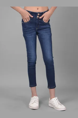Crimsoune Club Girls Navy Blue Skinny Fit High-Rise Low Distress Heavy Fade Stretchable Jeans