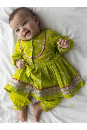 Tiber Taber Girls Bandhani Printed Anarkali Pure Cotton Kurta With Trousers