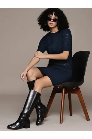 Roadster The Lifestyle Co. Open Knit Puff Sleeves Acrylic Jumper Dress
