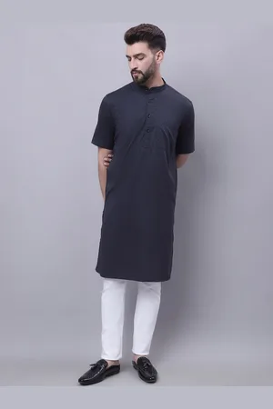 Even Floral Woven Design Band Collar Thread Work Cotton Kurta