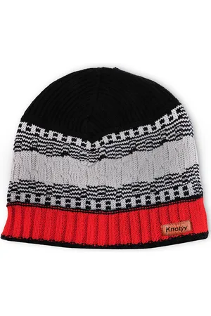 Knotyy Men Black & Red Self Design Beanie