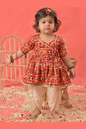 Vastramay Girls Ethnic Motifs Printed Angrakha Kurta With Dhoti Pants