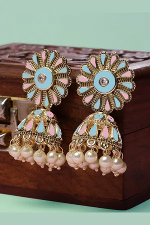 karatcart Gold Plated Kundan Studded Meenakari Jhumkas