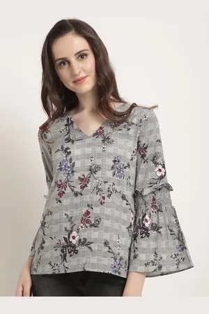 Rare Fashion Women Black Checked Floral Print Top