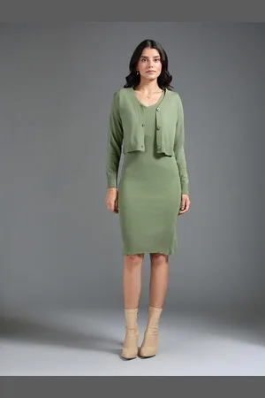 20Dresses Olive Green V-Neck Acrylic Sheath Dress With Crop Cardigan Set