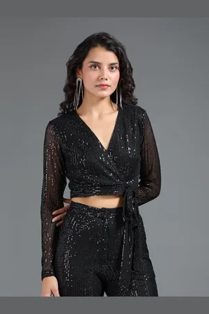 20Dresses Black Embellished V-Neck Sequinned Wrap Crop Top
