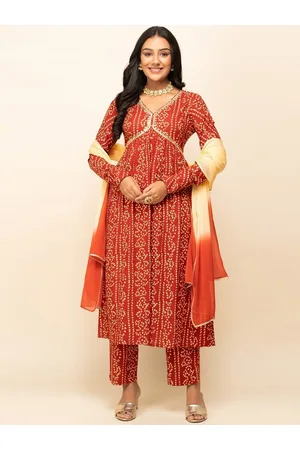 FIORRA Bandhani Printed Empire Gotta Patti Pure Cotton Kurta & Trousers With Dupatta
