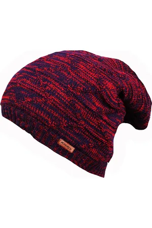 Knotyy Men Red & Navy Blue Self-Design Beanie Cap