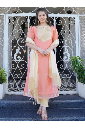 HOUSE OF JAMOTI Gotta Patti Chanderi Cotton Straight Kurta with Trousers & Dupatta