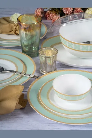 Cello White & Sea Green 29 Pieces Printed Opalware Glossy Dinner Set