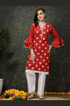 Pluss Red Floral Printed Flared Sleeves Thread Work Cotton Straight Kurta