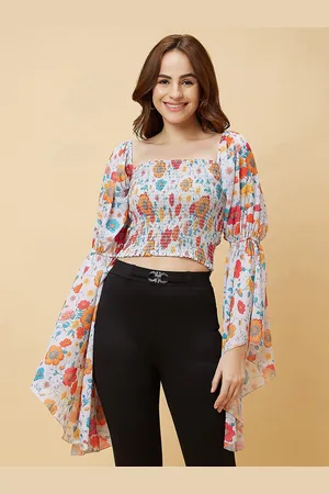 Globus Orange-Coloured Floral Printed Bell Sleeves Smocked Crop Top