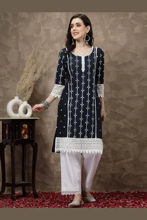 Pluss Navy Blue & White Ethnic Motifs Printed Pure Cotton Straight Kurta