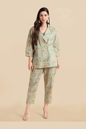 Kalini Floral Printed Pure Cotton Top &Trousers With Jacket