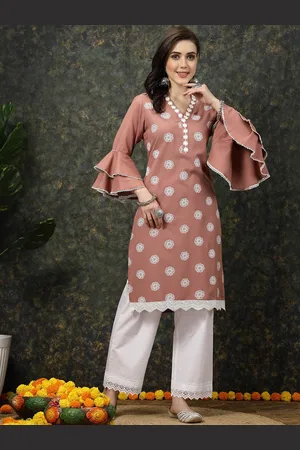 Pluss Pink Floral Printed Thread Work Bell Sleeves Cotton Straight Kurta