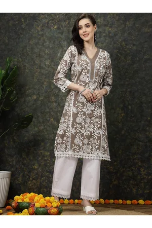 Pluss Brown & White Floral Printed Cotton Straight Kurta