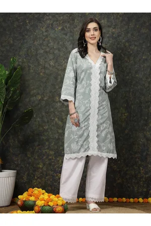 Pluss Sea Green & White Floral Printed Pure Cotton Straight Kurta