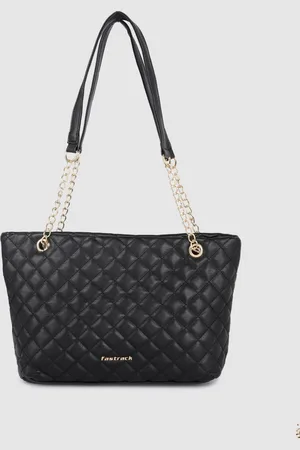Fastrack Women Black PU Structured Quilted Tote Bag with Chain Shoulder Straps
