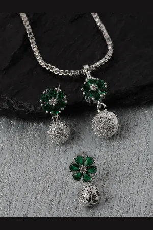 Kennice Rhodium-Plated CZ studded Floral Pendant with Earrings