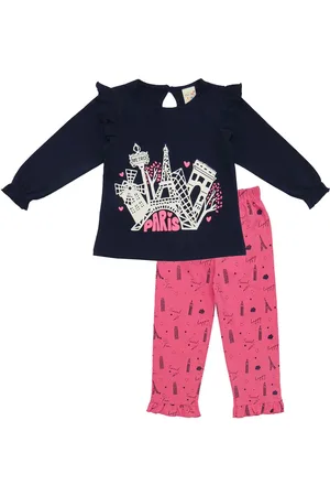 Clothe Funn Girls Graphic Printed Pure Cotton T-shirt With Trousers