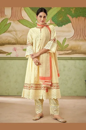DRESOUL Schiffli Floral Self Design A-Line Kurta With Trousers & Dupatta