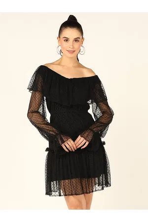 DressBerry Black Laced Tiered Off-Shoulder A-Line Dress