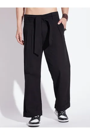 FUGAZEE Men Black Loose Fit Cotton Pleated Trousers