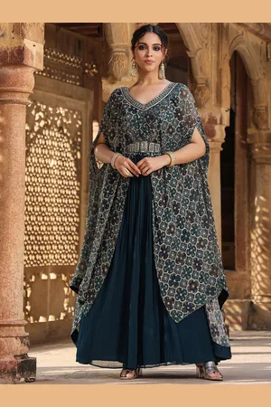 SCAKHI Gathered Attached Cape Fit & Flare Ethnic Dress Attached Embellished Cape