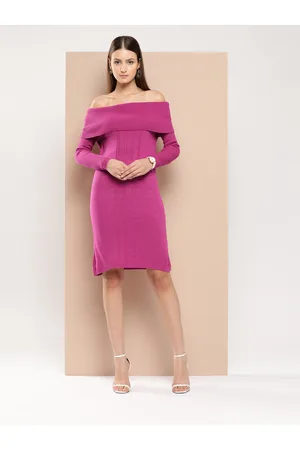 Chemistry Self Design Off-Shoulder Acrylic Sweater Dress