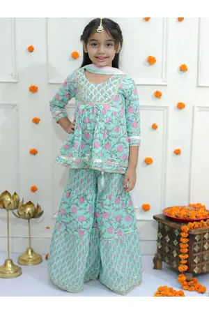 Ka-mee Girls Ethnic Motifs Printed Pure Cotton A-Line Kurti with Sharara & With Dupatta