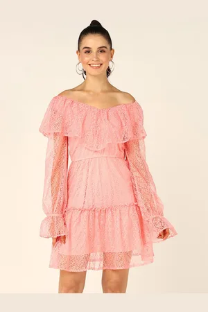 DressBerry Pink Floral Laced Tiered Off-Shoulder Puff Sleeve A-Line Dress
