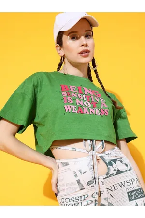 STREET 9 Women Green Printed Drop-Shoulder Sleeves Bio Finish Applique Oversized Crop T-shirt