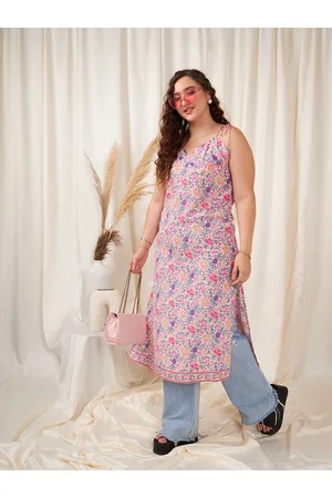 Berrylush Pink & White Floral Printed Shoulder Straps Kurta