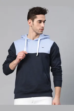 Park Avenue Men Blue Colourblocked Slim Fit Hooded Sweatshirt