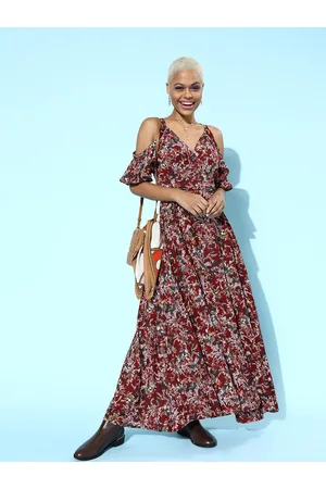 Berrylush Women Charming Maroon Floral Sweetheart Neck Dress