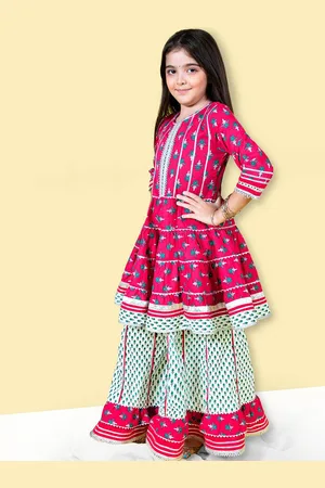 naughty ninos Girls Ethnic Motifs Printed A-Line Gotta Patti Kurta With Sharara