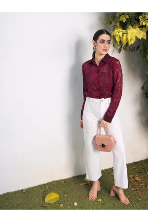 Berrylush Maroon Self Design Spread Collar Casual Shirt